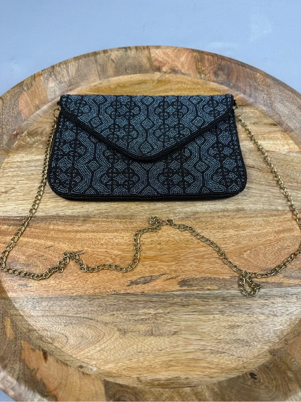 Elegant Black Glass Beaded Evening Clutch Gold Chain Wedding Cocktail Purse
